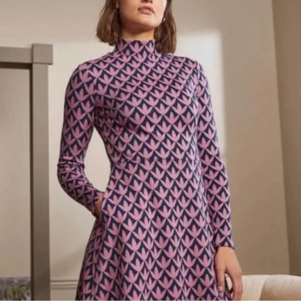 BODEN pink blue high neck petal geo jacquard dress - 6P